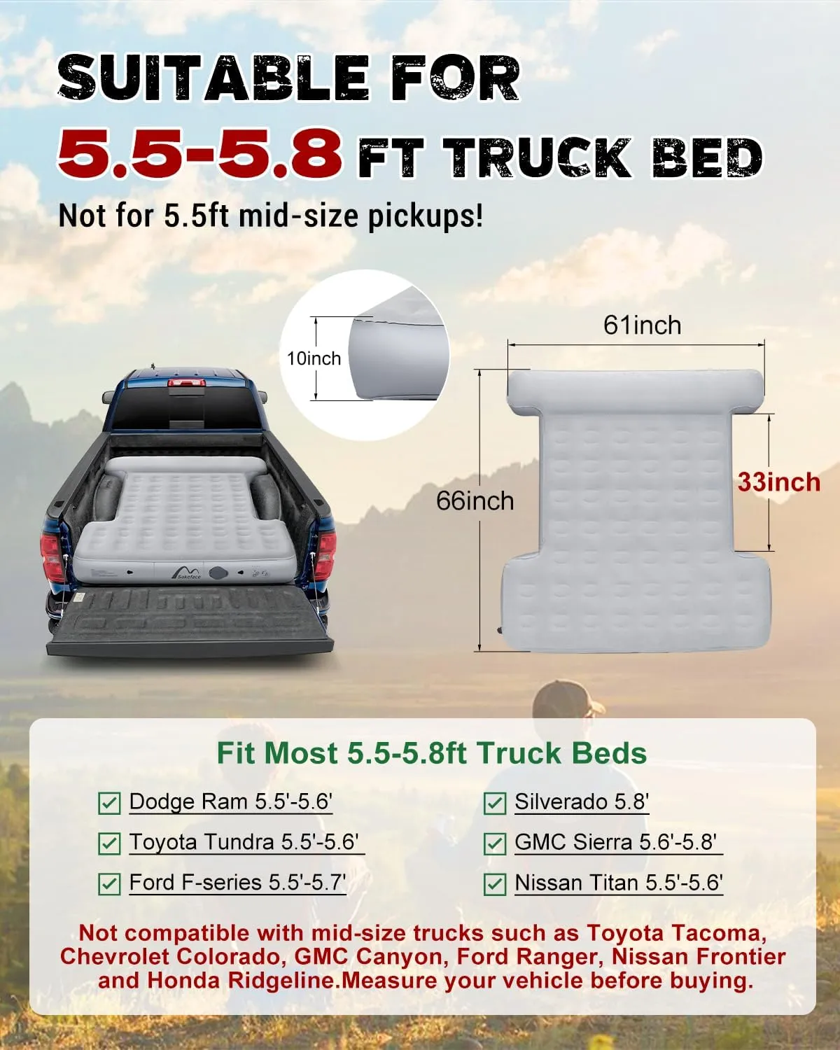 Heavy-Duty 5.5-5.8ft Truck Bed Air Mattress with Built-In Pump - Versatile Indoor & Outdoor Inflatable Truck Bed Mattress - Leak-Resistant Truck mattress full size, Extra Large Carry Bag for Camping