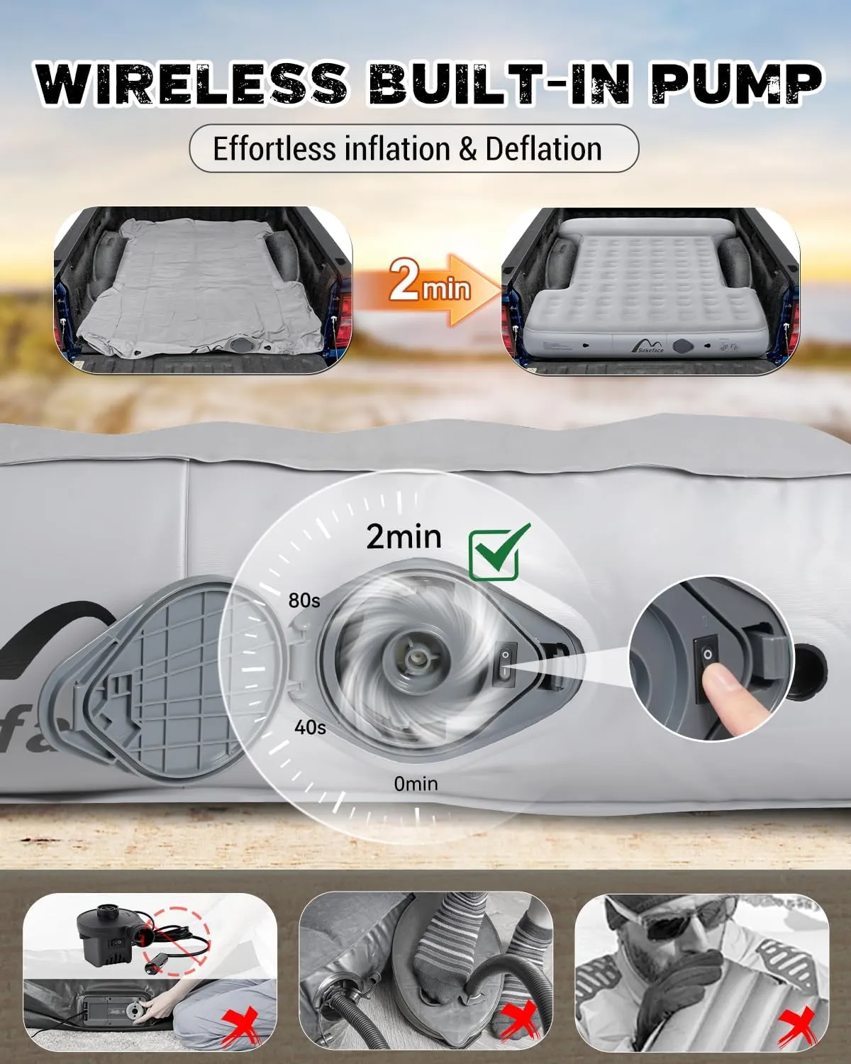 Heavy-Duty 5.5-5.8ft Truck Bed Air Mattress with Built-In Pump - Versatile Indoor & Outdoor Inflatable Truck Bed Mattress - Leak-Resistant Truck mattress full size, Extra Large Carry Bag for Camping