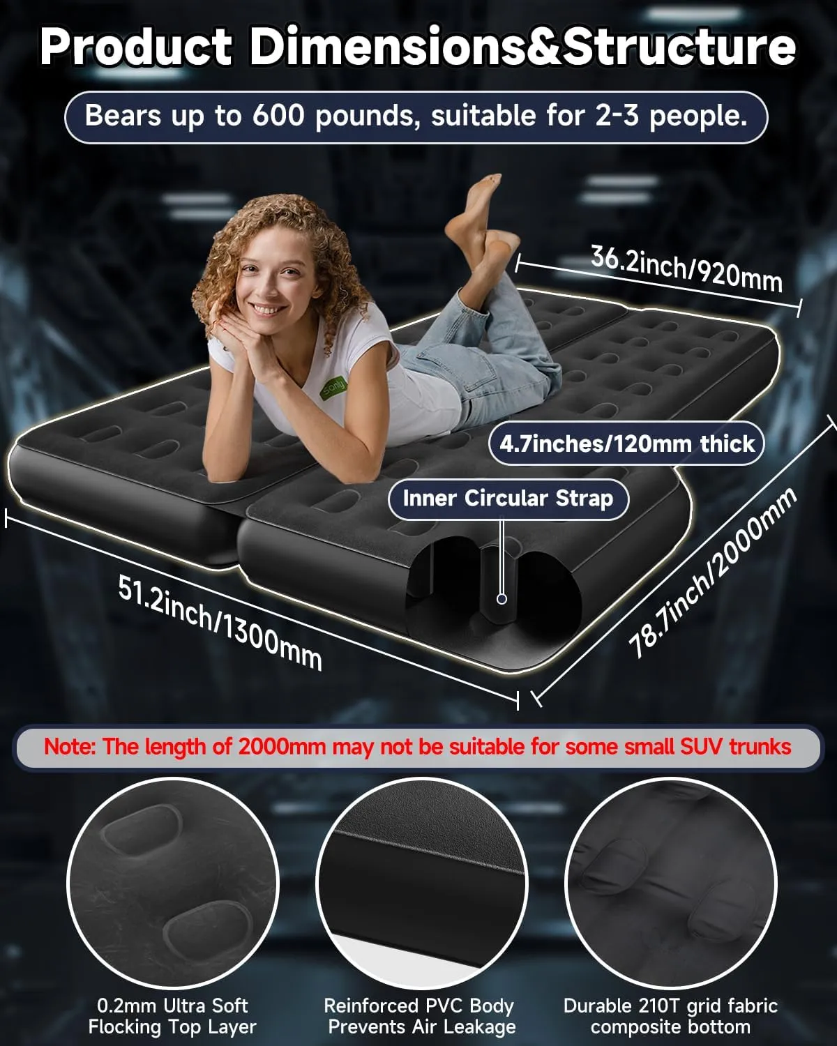 Heavy-Duty Durability SUV Air Mattress, Upgraded Thickened Inflatable Car Sleeping Airbed for Full Size SUV Back Trunk Camping, Van Travel Bed with Quick Inflation Electric Pump