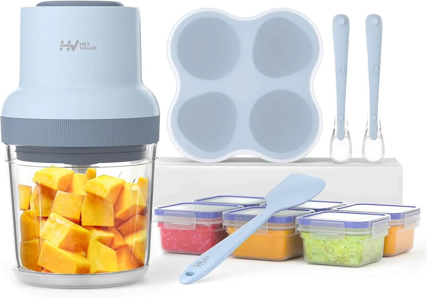 HEYVALUE Baby Food Maker, 13-in-1 Baby Food Processor Sets, Baby Food Puree Blender for Fruit, Vegatable, Meat, with Baby Food Containers, Freezer Tray, Silicone Spoons, Silicone Spatula (Light Blue)