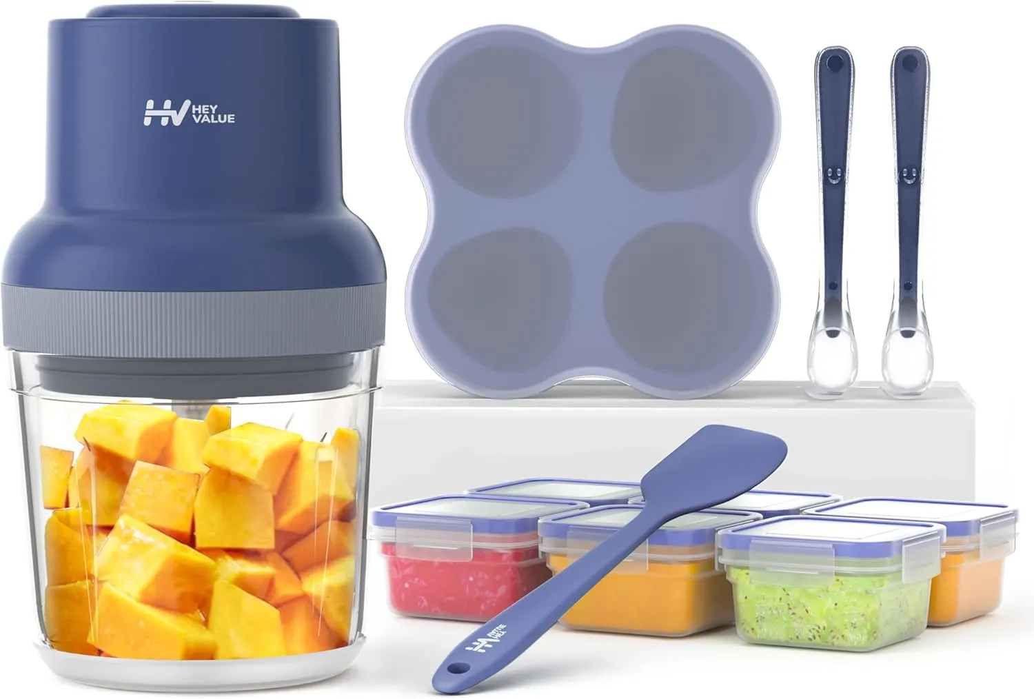 HEYVALUE Baby Food Maker, 13-in-1 Baby Food Processor Sets, Fruit, Vegatable, Meat, Puree Blender with Baby Food Containers, Food Freezer Tray, Silicone Spoons, Silicone Spatula (Dark Blue)