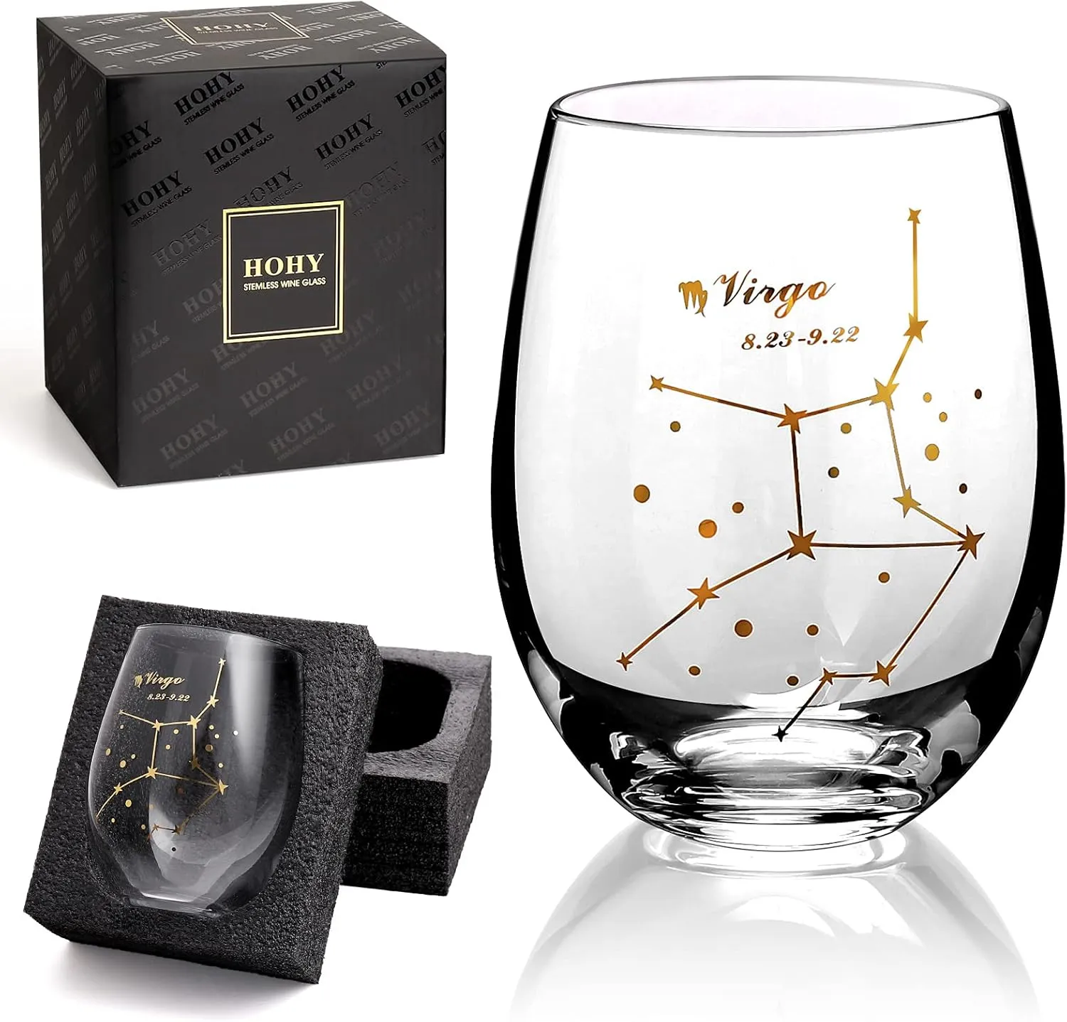 HOHY Virgo Wine Glass Virgo Birthday Gifts 20oz, Virgo Stemless Wine Glasses, Aastrology Zodiac Gifts Constellation Glass Define Design, Horoscope Gift, September Birthday Gifts for Women Men