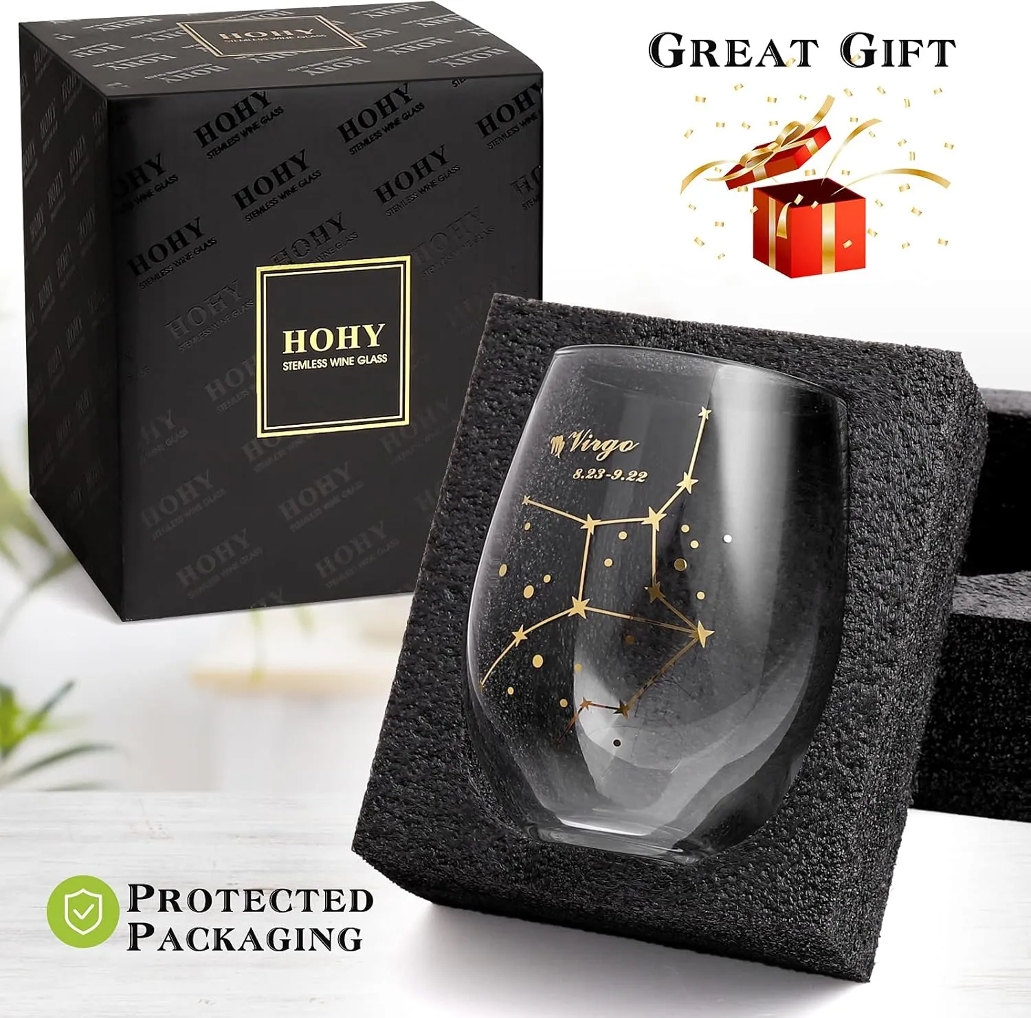 HOHY Virgo Wine Glass Virgo Birthday Gifts 20oz, Virgo Stemless Wine Glasses, Aastrology Zodiac Gifts Constellation Glass Define Design, Horoscope Gift, September Birthday Gifts for Women Men