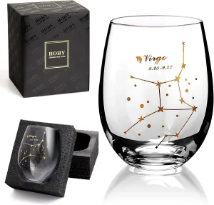 HOHY Virgo Wine Glass Virgo Birthday Gifts 20oz, Virgo Stemless Wine Glasses, Aastrology Zodiac Gifts Constellation Glass Define Design, Horoscope Gift, September Birthday Gifts for Women Men