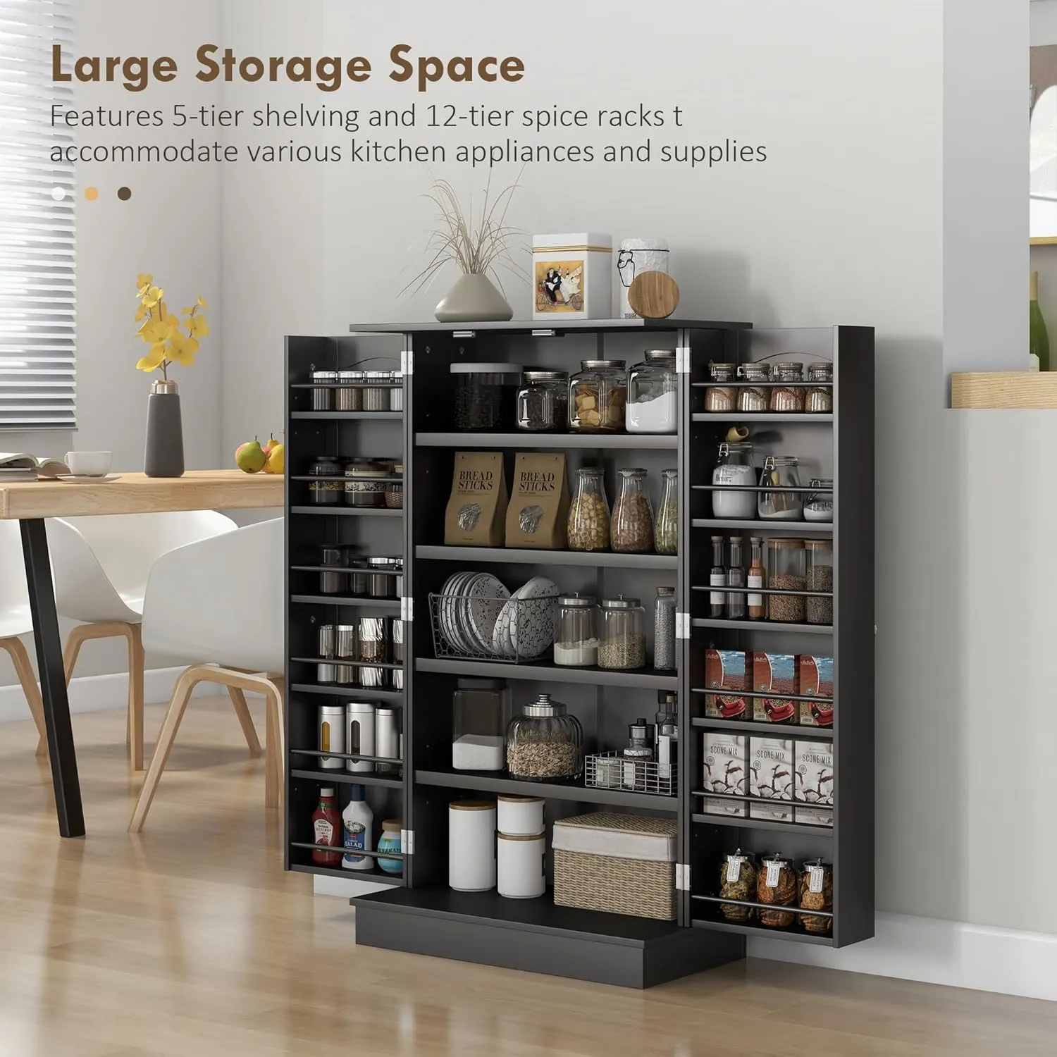 HOMCOM 41" Kitchen Pantry Storage Cabinet, Freestanding Kitchen Cabinet with 12 Door Shelves, Double Doors, 5-Tier Shelving and Adjustable Shelves, Black
