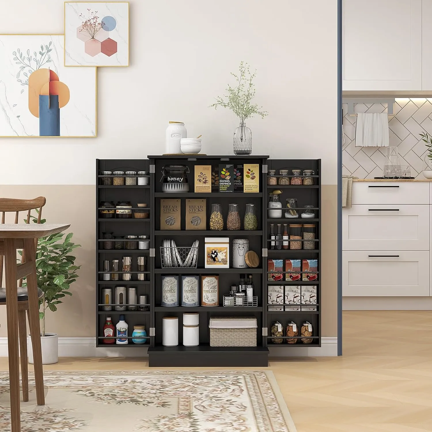 HOMCOM 41" Kitchen Pantry Storage Cabinet, Freestanding Kitchen Cabinet with 12 Door Shelves, Double Doors, 5-Tier Shelving and Adjustable Shelves, Black