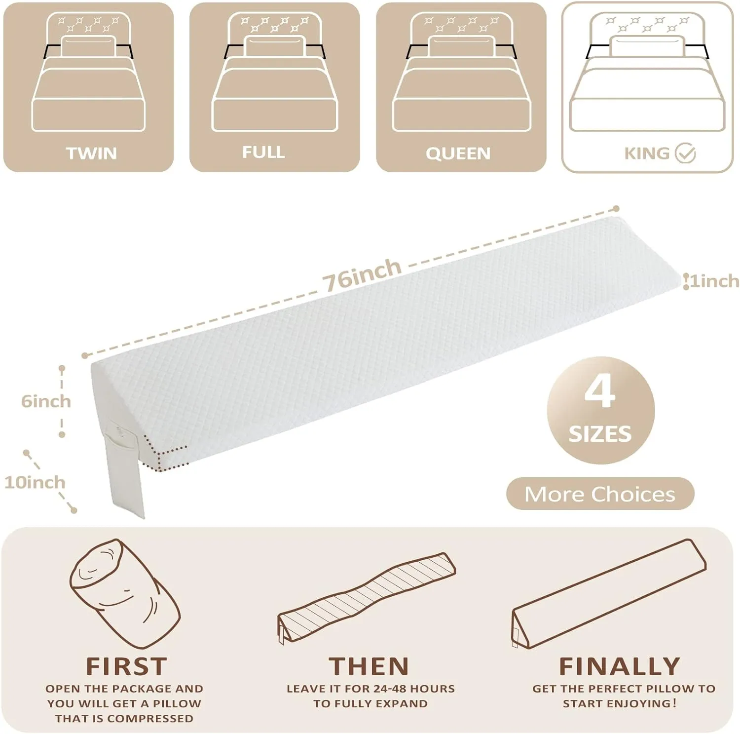 Homemate King Size（76"x10"x6"） Bed Wedge Pillow for Headboard - Bed Gap Filler(0-8") - Triangle Bloster Pillow Wedge - White