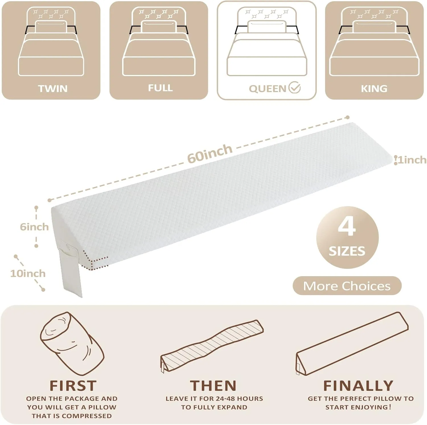 Homemate Queen Size（60"x10"x6"） Bed Wedge Pillow Stopper - Bed Gap Filler(0-8") - Headboard Pillow - Triangle Bloster Pillow Wedge - White