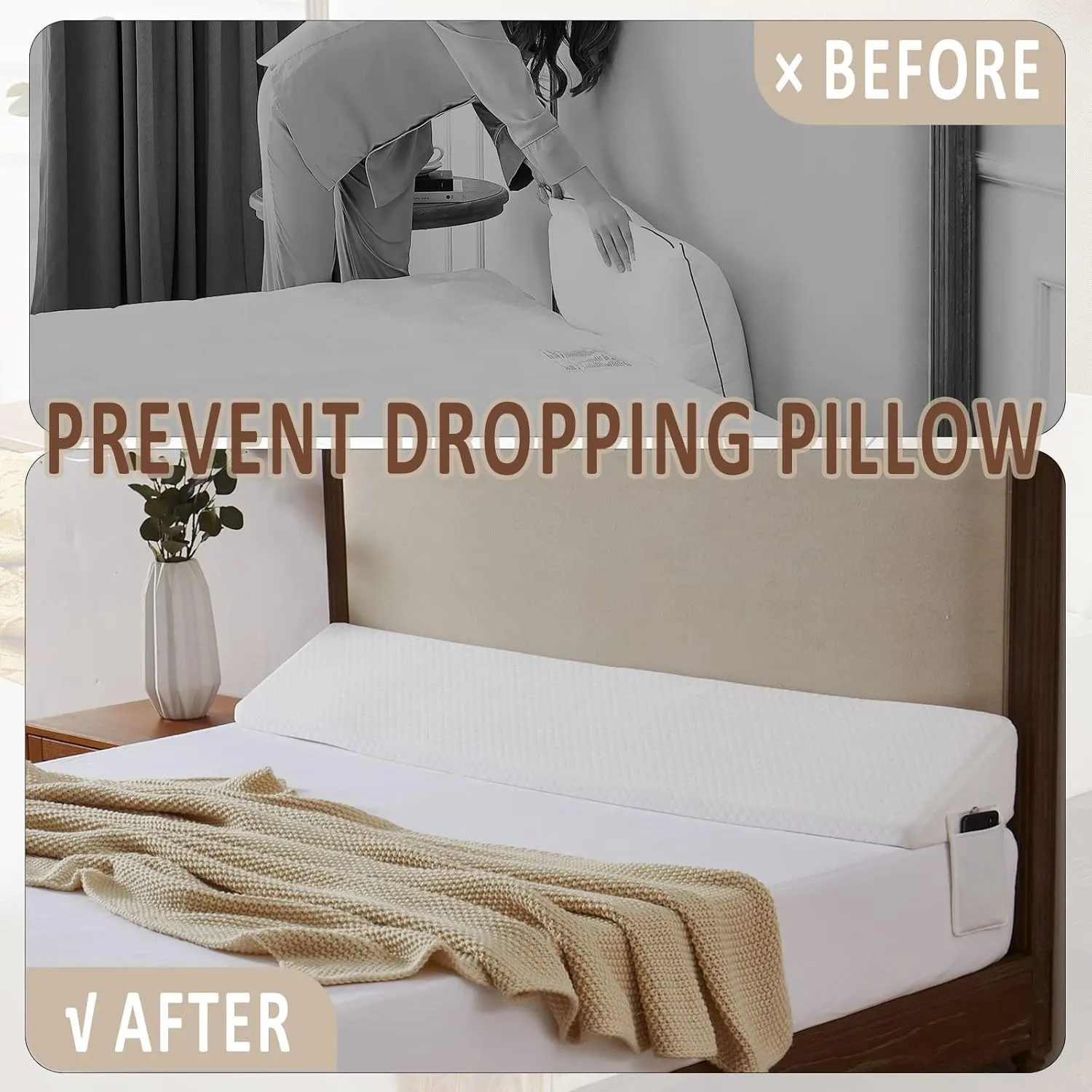 Homemate Queen Size（60"x10"x6"） Bed Wedge Pillow Stopper - Bed Gap Filler(0-8") - Headboard Pillow - Triangle Bloster Pillow Wedge - White