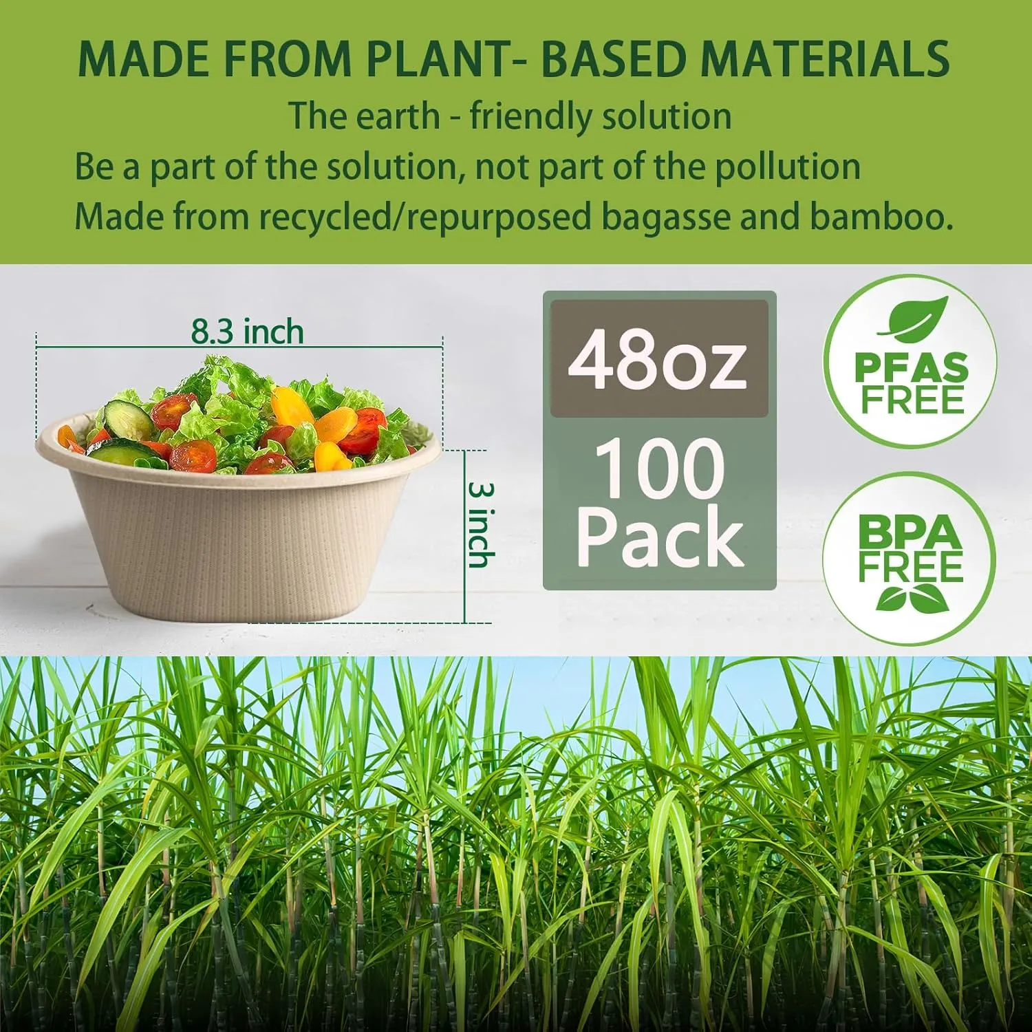 Homestockplus 48 Oz Natural Disposable Paper Bowls [100 Pack] - Heavy Duty, Eco-Friendly Compostable Salad Bowls for Organic Food, Farm to Table, Salad, BPA-Free, Microwave Safe (Unbleached)