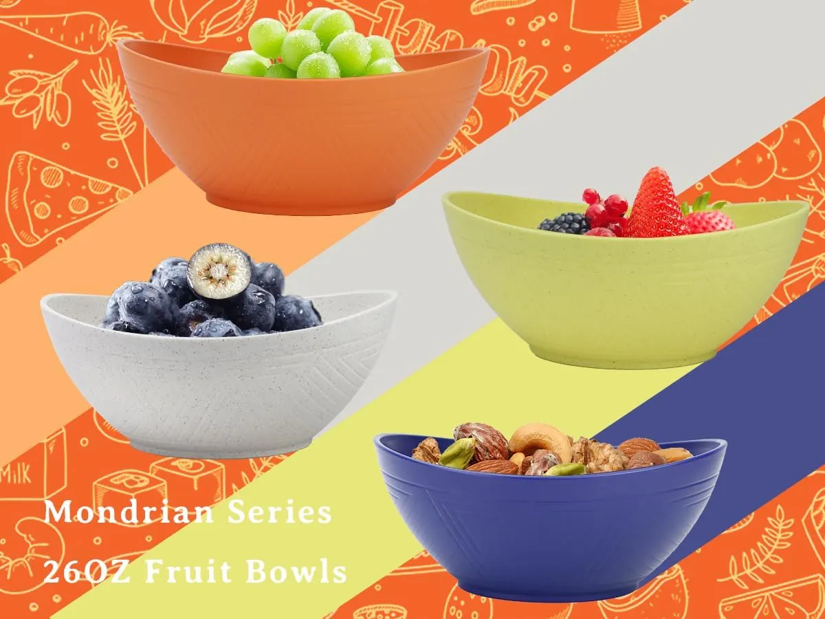 Homienly Wheat Straw Bowls Set Serving Bowls Plastic Bowls Reusable 26oz Microwave & Dishwasher Safe Cereal Bowls Unbreakable for Cereal,Salad,Fruit,Soup Bowls- Mondrian Style