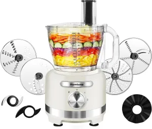 Homtone 16 Cup Food Processor, 9 Functions 7 Blades 3 Speeds for Shredding, Slicing, Doughing, Emulsfying and Meat Vegetable Chopping for Home Use, 600W (White)