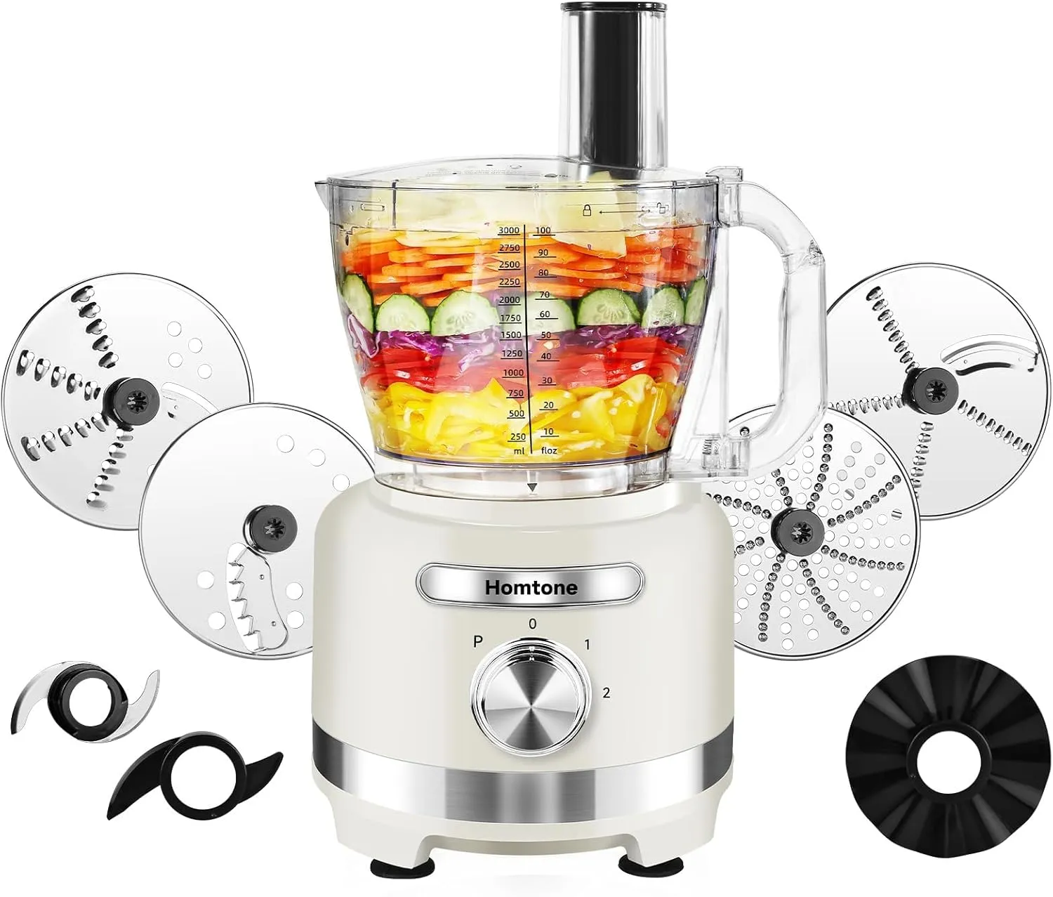 Homtone 16 Cup Food Processor, 9 Functions 7 Blades 3 Speeds for Shredding, Slicing, Doughing, Emulsfying and Meat Vegetable Chopping for Home Use, 600W (White)