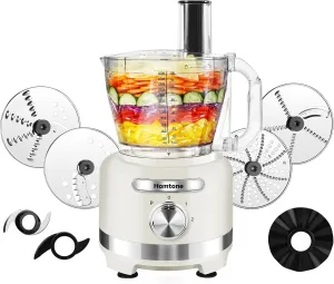 Homtone 16 Cup Food Processor, French-Fry-Cutter Food Processors, 9 Functions 7 Blades for Shredding, Slicing, Doughing, Emulsfying and Meat Vegetable Chopping for Home Use, 3 Speeds, 600W, Beige