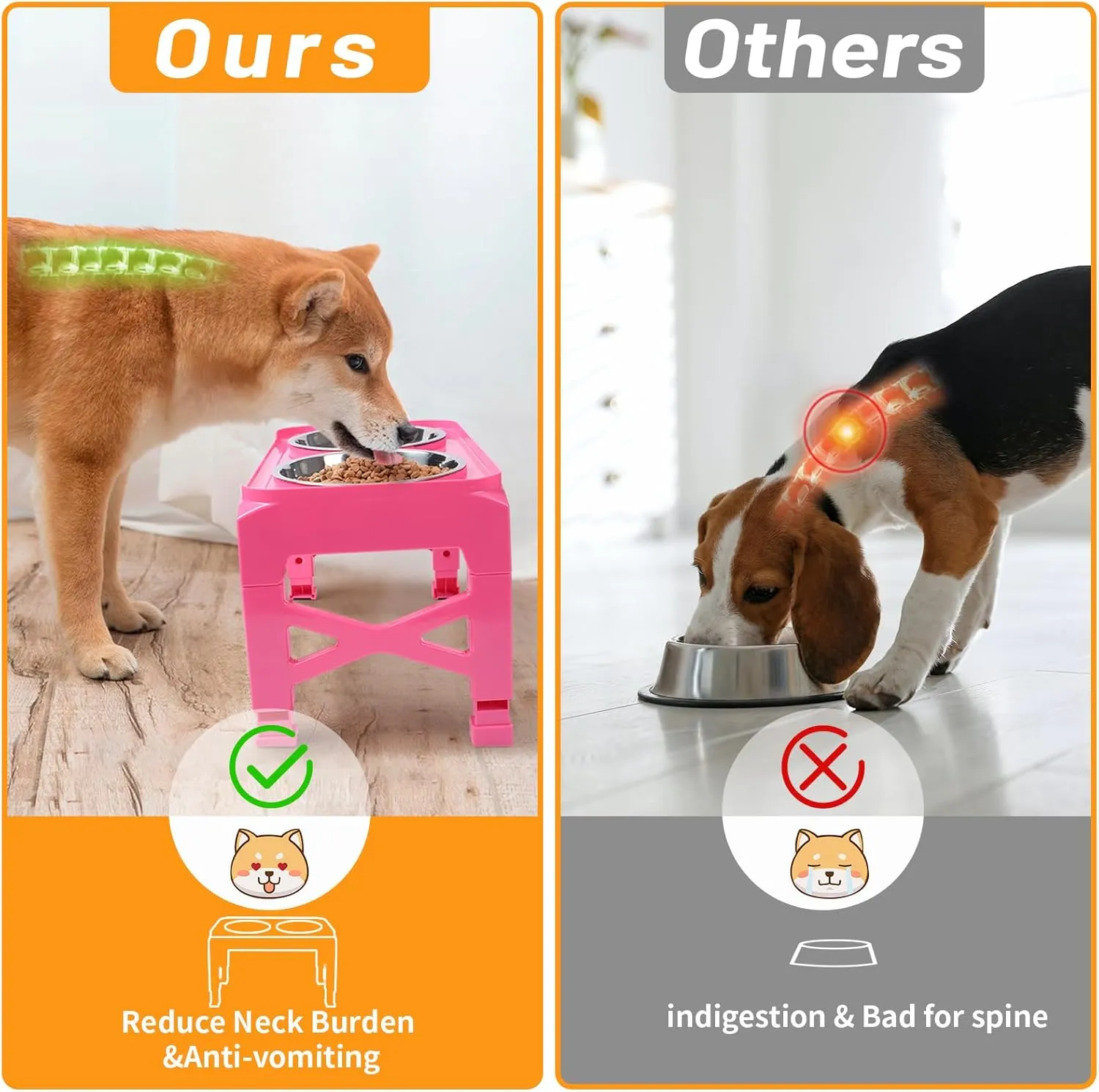 Hubulk Elevated Dog Bowls with 2 Stainless Steel Dog Food & Water Raised Bowls with No Spill Edge Non-Slip Stand Adjusts to 3 Heights(2.75", 6.0", 7.5") for Small Medium Dogs and Pet