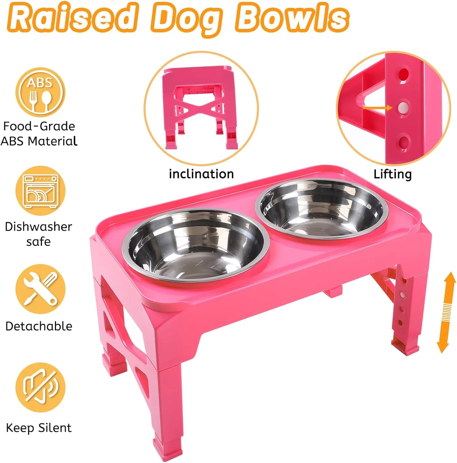 Hubulk Elevated Dog Bowls with 2 Stainless Steel Dog Food & Water Raised Bowls with No Spill Edge Non-Slip Stand Adjusts to 3 Heights(2.75", 6.0", 7.5") for Small Medium Dogs and Pet