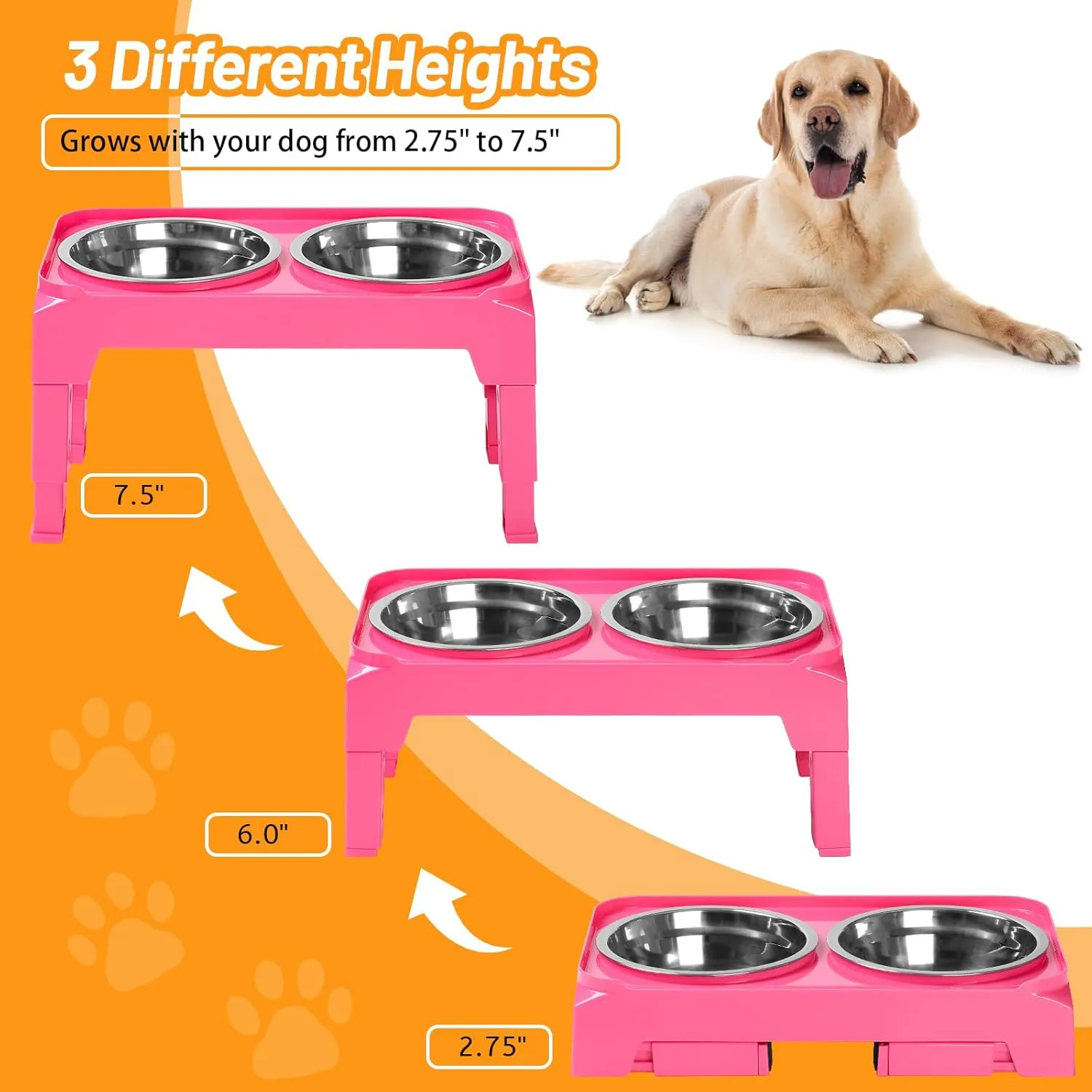 Hubulk Elevated Dog Bowls with 2 Stainless Steel Dog Food & Water Raised Bowls with No Spill Edge Non-Slip Stand Adjusts to 3 Heights(2.75", 6.0", 7.5") for Small Medium Dogs and Pet