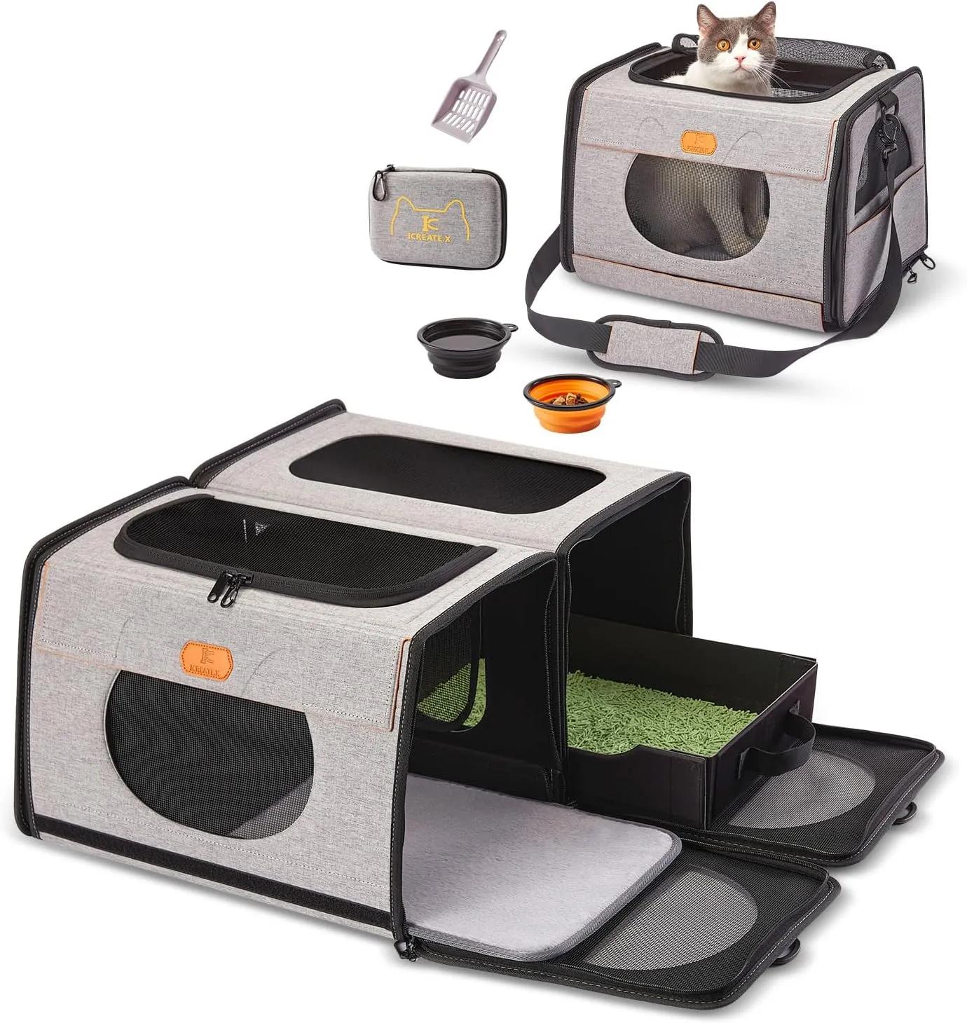 IC ICREATE.X Large Cat Carrier with Litter Box for Car Travel, Pet Carrier Bag 2-in-1，Double Cat Travel Transport Carrier for Long Distance, Collapsible Dog Crate, Cat Bag for Kitten 2 Cats