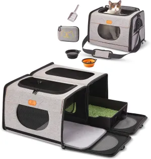 IC ICREATE.X Large Cat Carrier with Litter Box for Car Travel, Pet Carrier Bag 2-in-1，Double Cat Travel Transport Carrier for Long Distance, Collapsible Dog Crate, Cat Bag for Kitten 2 Cats