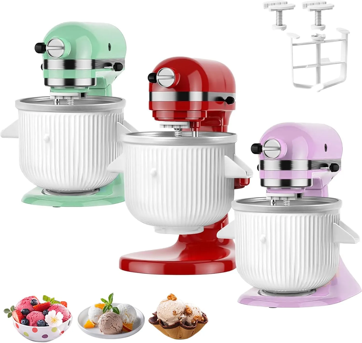 Ice Cream Maker Attachment for KitchenAid Stand Mixer, Ice Cream Bowl Compatible with 4.5Qt, 2 Quart and Larger Stand Mixers, Ice Cream & Sorbet Gelato Maker Attachment, White
