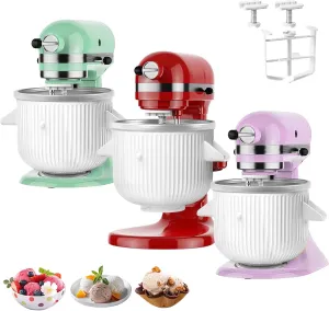 Ice Cream Maker Attachment for KitchenAid Stand Mixer, Ice Cream Bowl Compatible with 4.5Qt, 2 Quart and Larger Stand Mixers, Ice Cream & Sorbet Gelato Maker Attachment, White