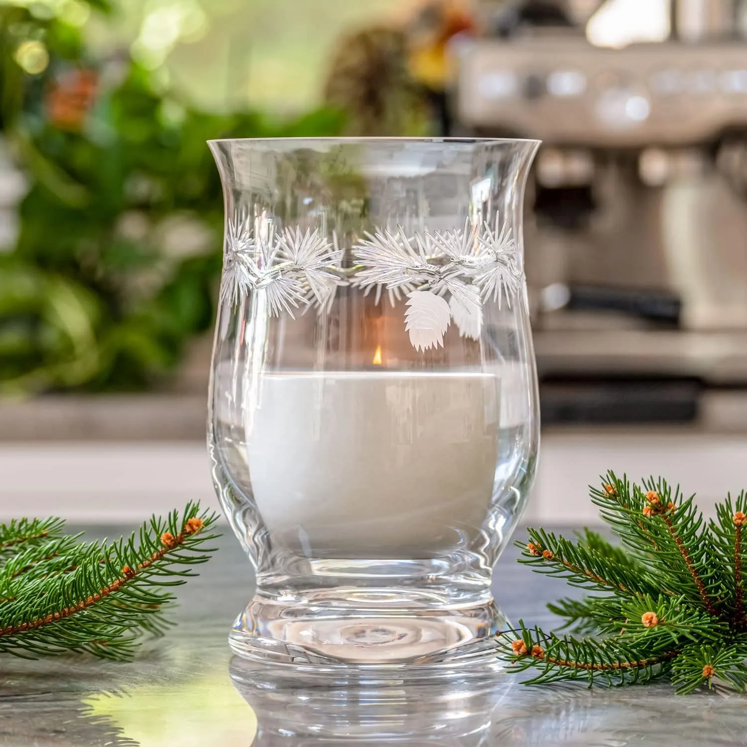 Icy Pine Glass Hurricane Candleholder | 8-inch Engraved Hurricane Vase | Lead-Free and Diamond-Wheel Engraved | Multi-use Pillar, Candle Holder, Flower Vase, Centerpiece