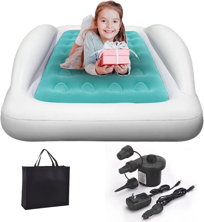 Inflatable Toddler Travel Bed with Sides Camping Air Mattress Idea for Outdoor Indoor Use (Green)