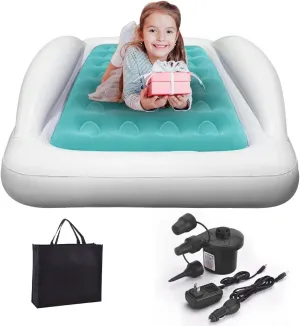Inflatable Toddler Travel Bed with Sides Camping Air Mattress Idea for Outdoor Indoor Use (Green)