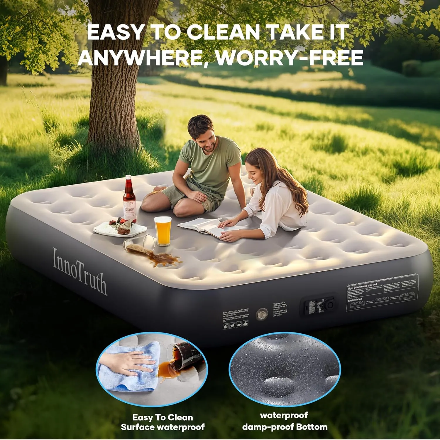 InnoTruth Queen Camping Air Mattress with Built-in Pump, 13" Raised Comfort, Durable Inflatable Bed for Home & Guests, Gift for Mom, Ideal for Travel, Dark Gray