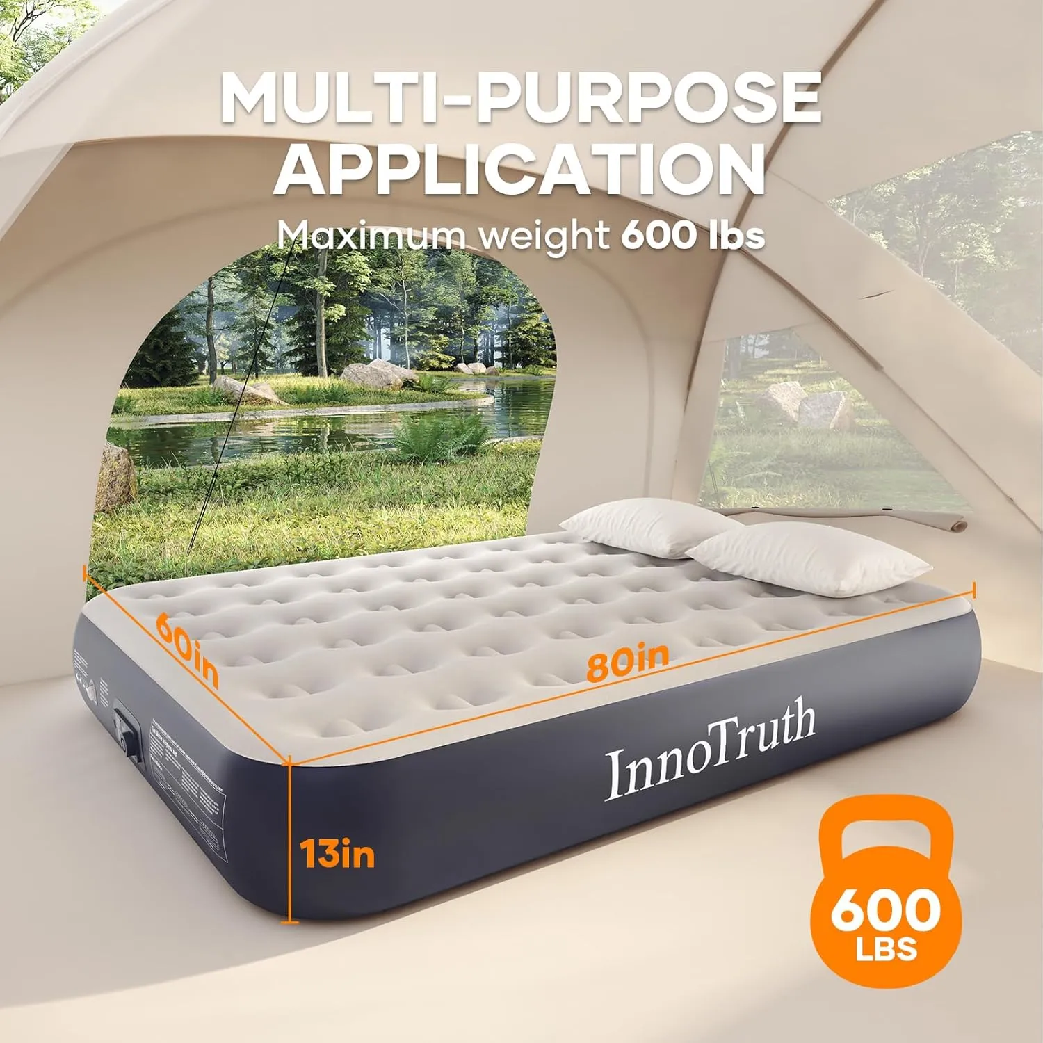 InnoTruth Queen Camping Air Mattress with Built-in Pump, 13" Raised Comfort, Durable Inflatable Bed for Home & Guests, Gift for Mom, Ideal for Travel, Dark Gray