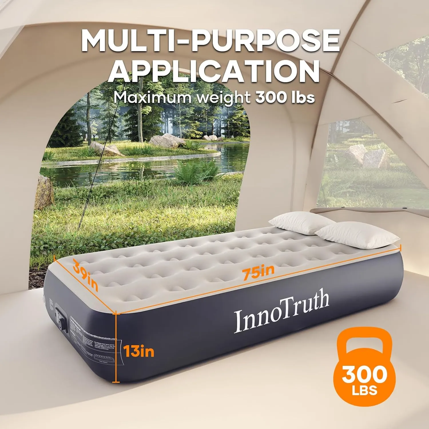 InnoTruth Twin Camping Air Mattress with Built-in Pump, Durable Inflatable Mattress for Home & Guests, 13" Raised Comfort, Gift for Mom, Ideal for Travel, Dark Gray