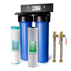 iSpring WGB22BM AHPF12MNPT16X2 2-Stage Whole House Water Filtration System with 20” x 4.5” Carbon Block and Iron & Manganese Reducing Filters and 3/4" Push-fit Stainless Steel Hose Connectors, Blue
