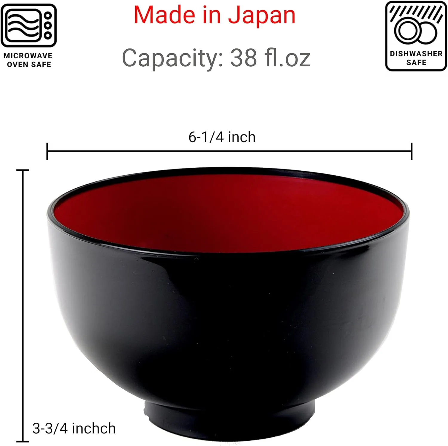 JapanBargain 2045 Set of 2 Japanese Soup Bowls, 38 fl.oz, Plastic Bowl for Ramen, Udon, Pho, Rice, and Cereal, Microwave & Dishwasher Safe, Black and Red Color, Made in Japan