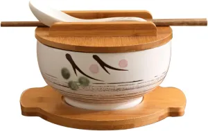 Japanese Cuisine Set - Ceramic Ramen & Noodle Bowls (6.3 x 3.15 Inches) with Wooden Lid, Spoon, Chopsticks & Bamboo Tray