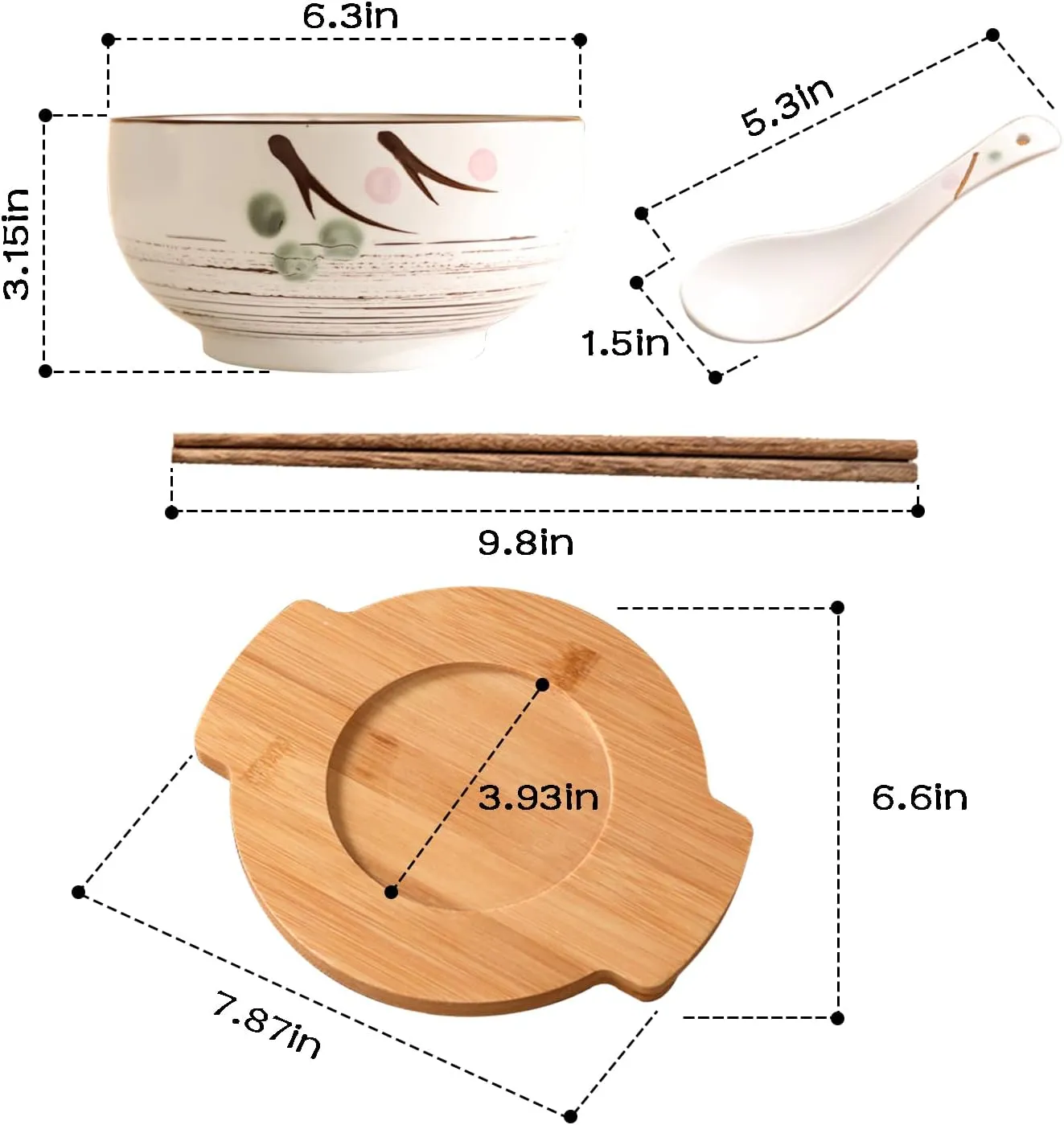 Japanese Cuisine Set - Ceramic Ramen & Noodle Bowls (6.3 x 3.15 Inches) with Wooden Lid, Spoon, Chopsticks & Bamboo Tray