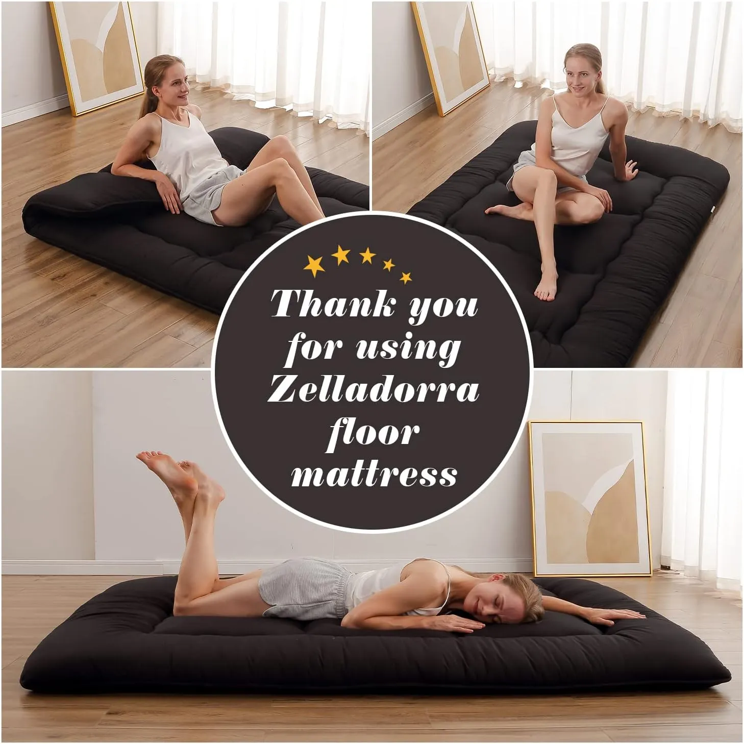 Japanese Floor Mattress, Futon Mattress with Portable Storage Bag and Washable Cover, Roll Up Thick Tatami Mat Suitable for Camping, Guest Room, Black, Twin