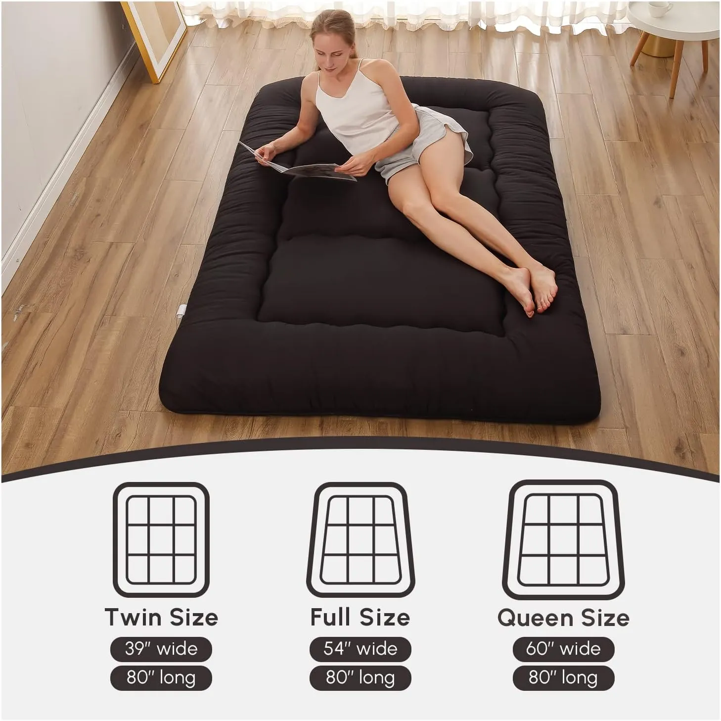 Japanese Floor Mattress, Futon Mattress with Portable Storage Bag and Washable Cover, Roll Up Thick Tatami Mat Suitable for Camping, Guest Room, Black, Twin