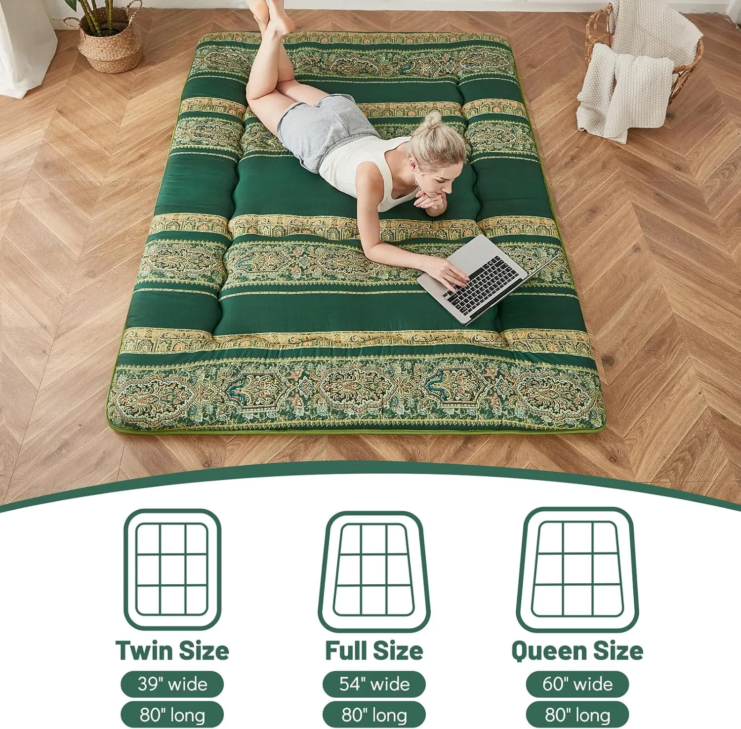 Japanese Floor Mattress, Futon Mattress with Portable Storage Bag and Washable Cover, Roll Up Thick Tatami Mat Suitable for Camping, Guest Room (Bohemian Green, Full)
