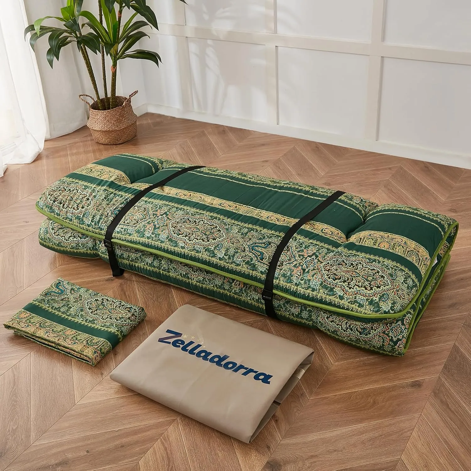 Japanese Floor Mattress, Futon Mattress with Portable Storage Bag and Washable Cover, Roll Up Thick Tatami Mat Suitable for Camping, Guest Room (Bohemian Green, Full)
