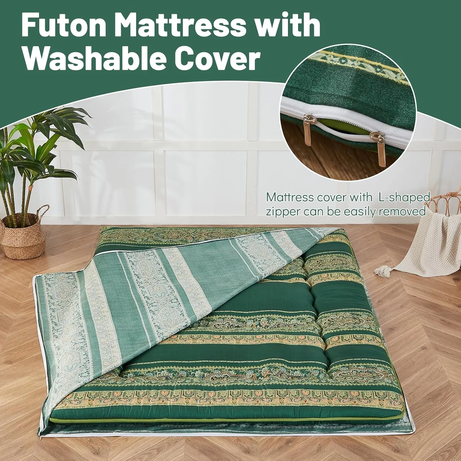 Japanese Floor Mattress, Futon Mattress with Portable Storage Bag and Washable Cover, Roll Up Thick Tatami Mat Suitable for Camping, Guest Room (Bohemian Green, Full)