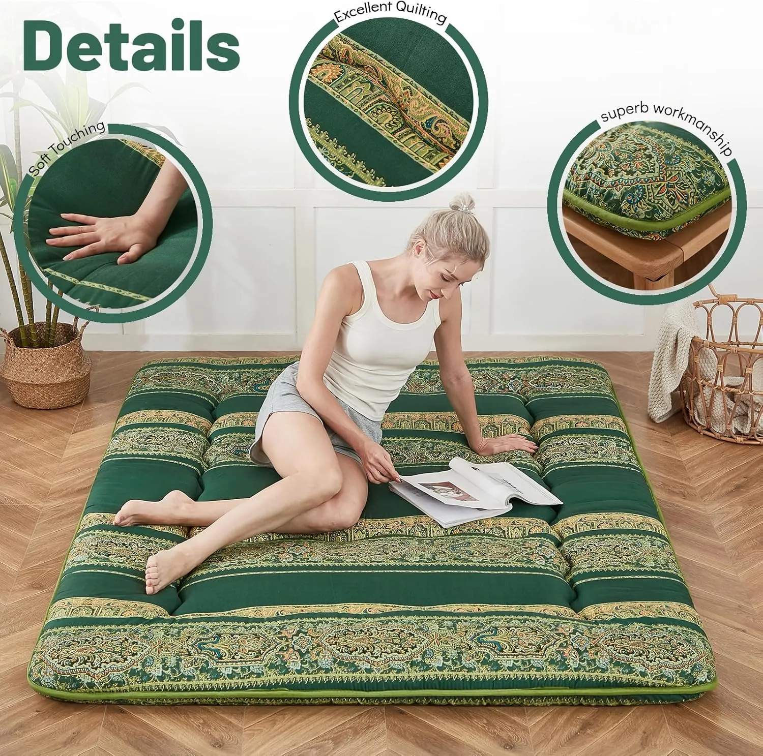 Japanese Floor Mattress, Futon Mattress with Portable Storage Bag and Washable Cover, Roll Up Thick Tatami Mat Suitable for Camping, Guest Room (Bohemian Green, Full)