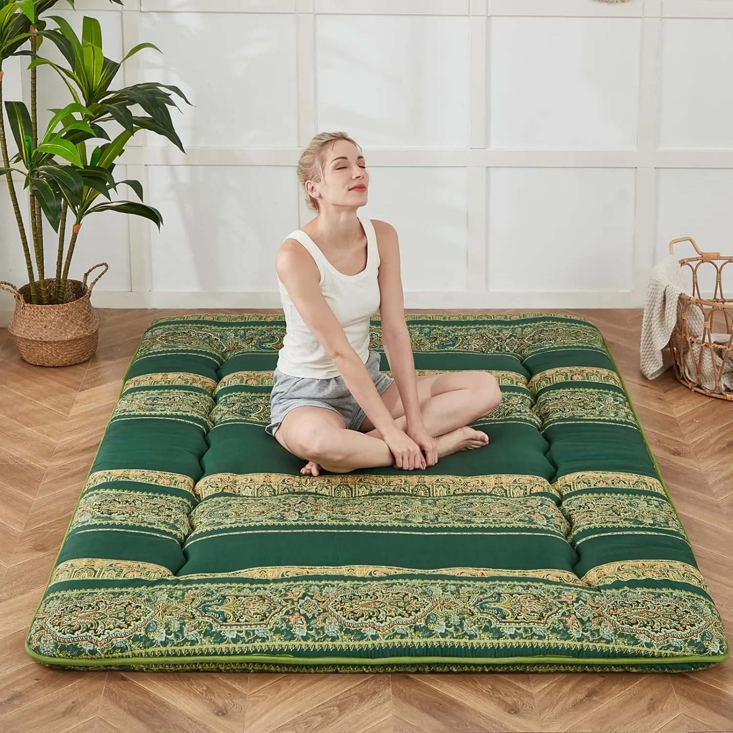 Japanese Floor Mattress, Futon Mattress with Portable Storage Bag and Washable Cover, Roll Up Thick Tatami Mat Suitable for Camping, Guest Room (Bohemian Green, Full)