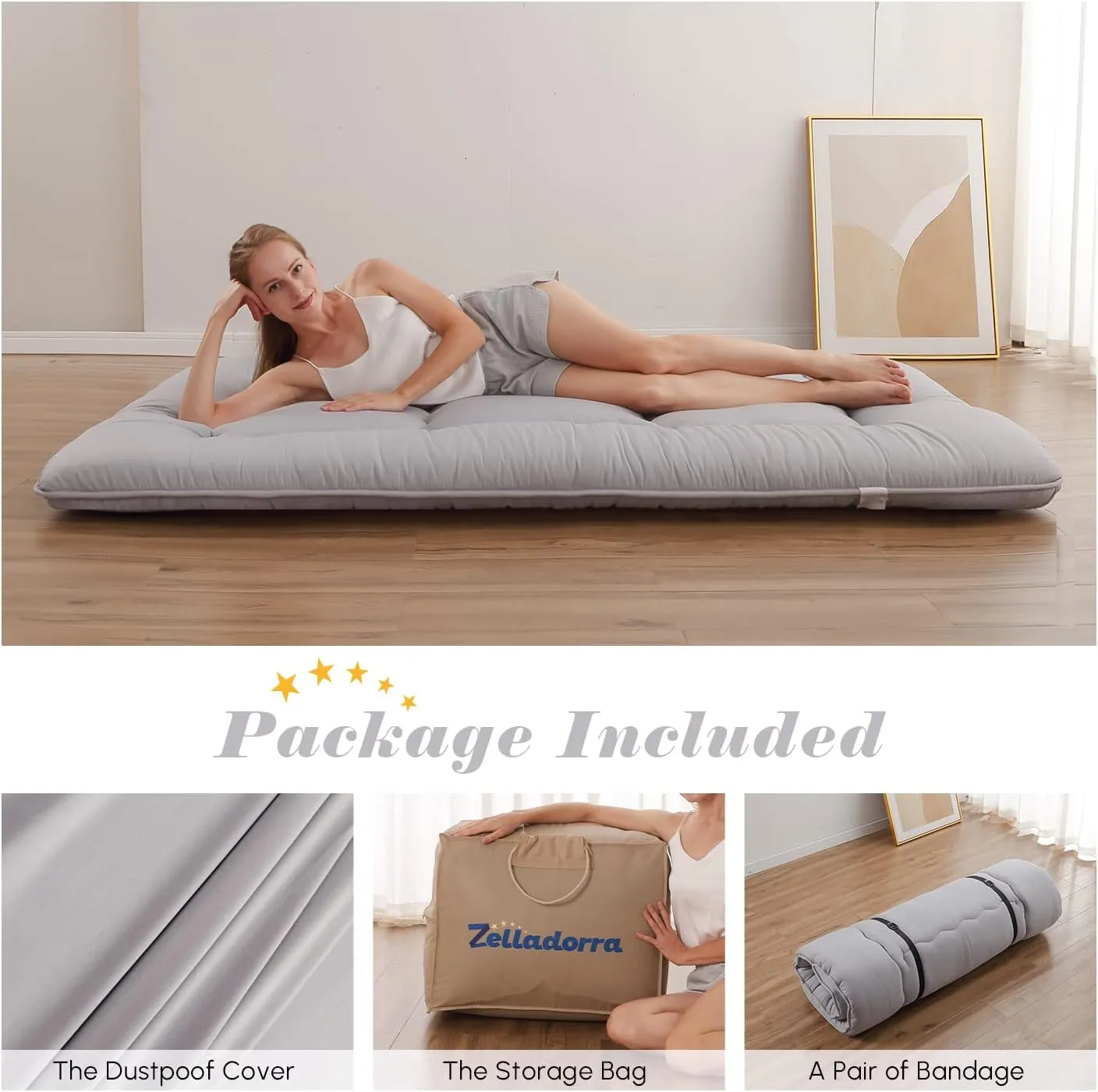 Japanese Floor Mattress, Futon Mattress with Portable Storage Bag and Washable Cover, Roll Up Thick Tatami Mat Suitable for Camping, Guest Room, Grey, Twin