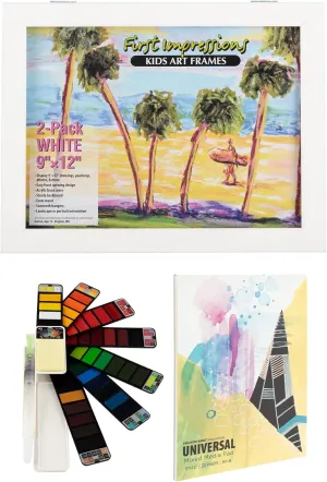 Jerry's Artarama Mixed Media Drawing Pad (White 9x12" - 20 Sheets) and Kids Art Frame Set with Magnetic Closure and 42pc Art Water Color - Perfect for Sketching, Coloring and Displaying Kid's Artwork