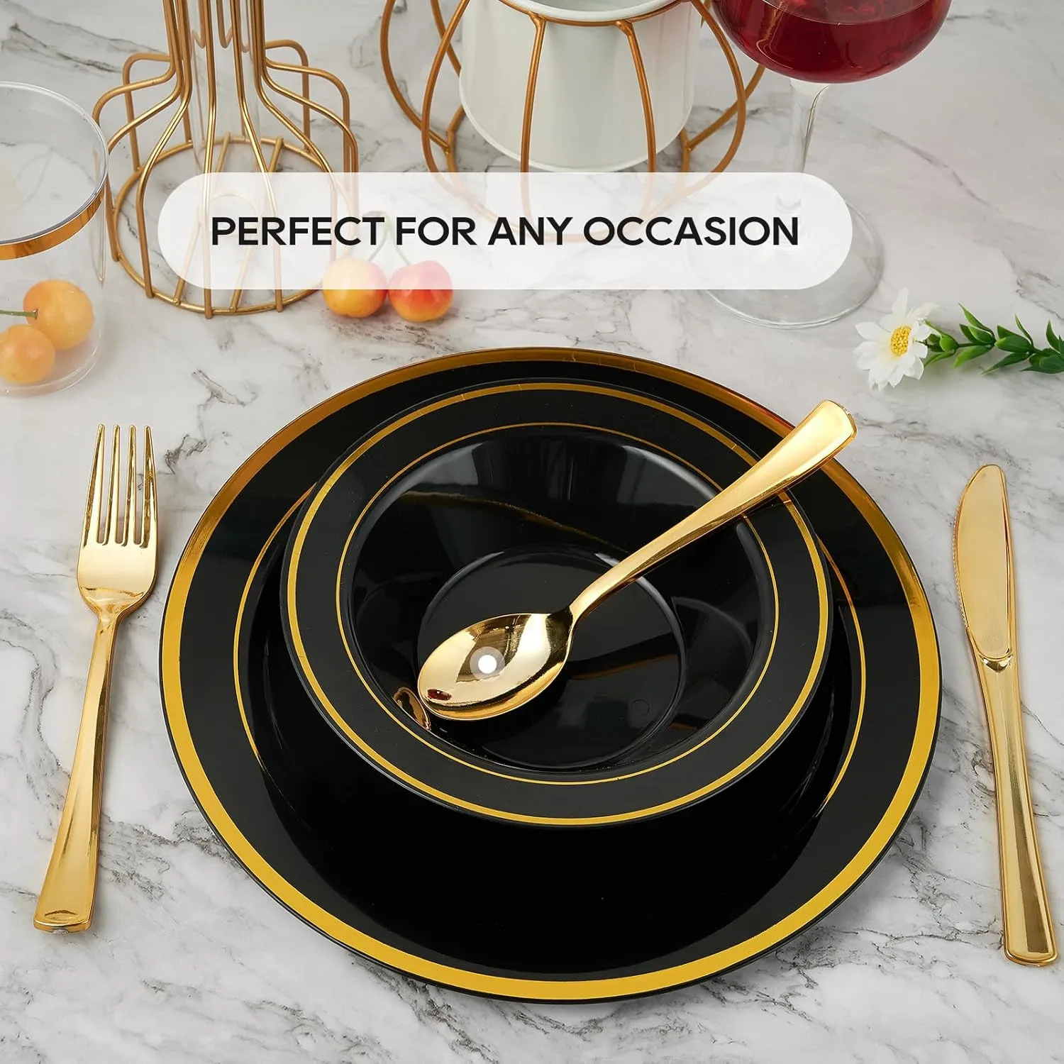 JOLLY PARTY 50PCS Black Plastic Bowls with Gold Rim-12oz, Christmas Thanksgiving Premium Disposable Soup Dessert Salad Bowls for Wedding/Party/Halloween