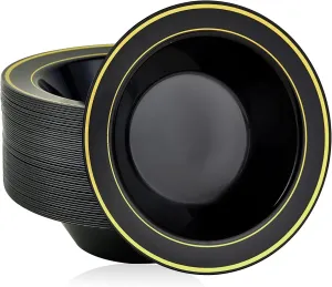 JOLLY PARTY 50PCS Black Plastic Bowls with Gold Rim-12oz, Christmas Thanksgiving Premium Disposable Soup Dessert Salad Bowls for Wedding/Party/Halloween