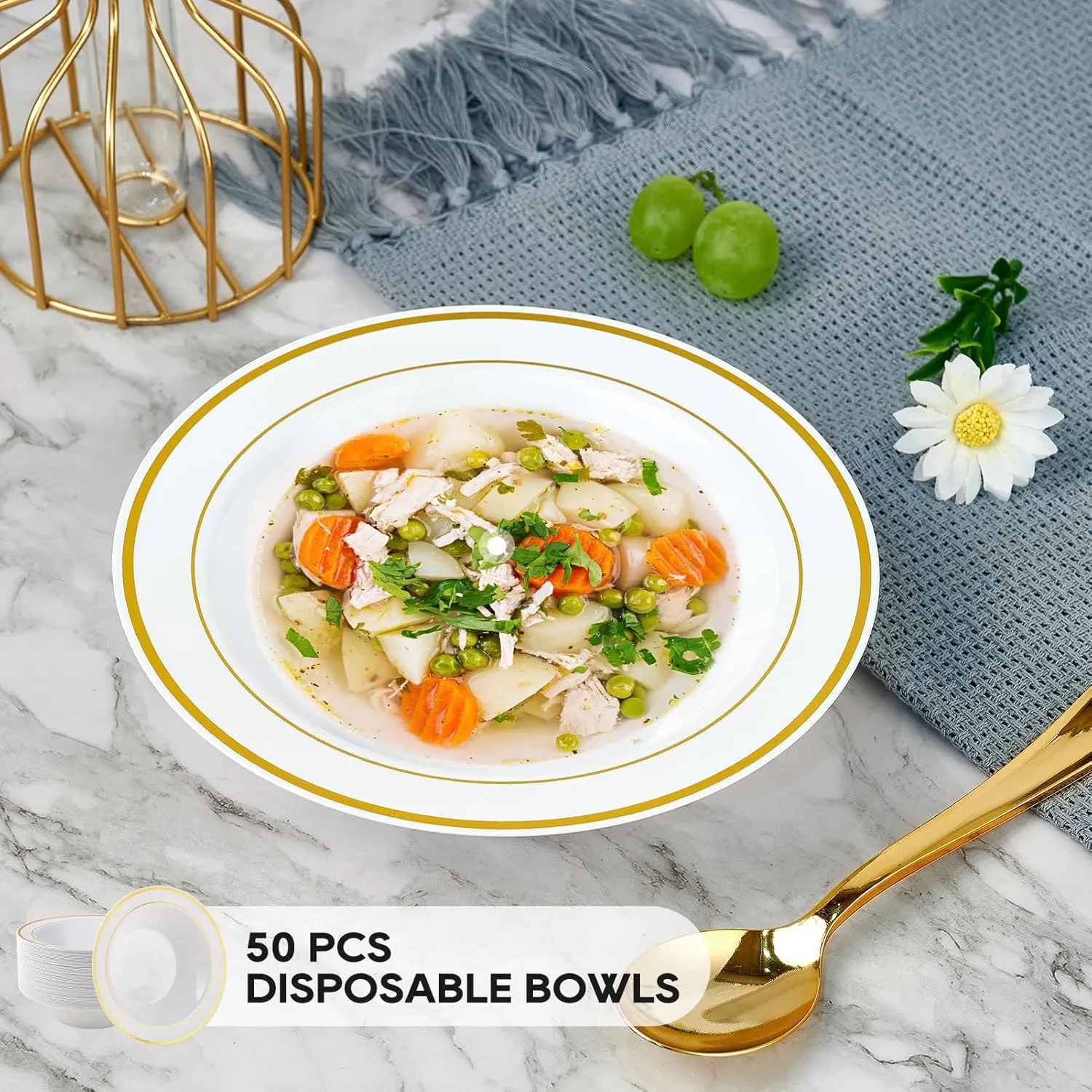 JOLLY PARTY 50PCS Plastic Bowls with Gold Rim-12oz disposable Soup Bowls, Christmas Thanksgiving Premium Dessert Salad Bowl for Wedding/Party