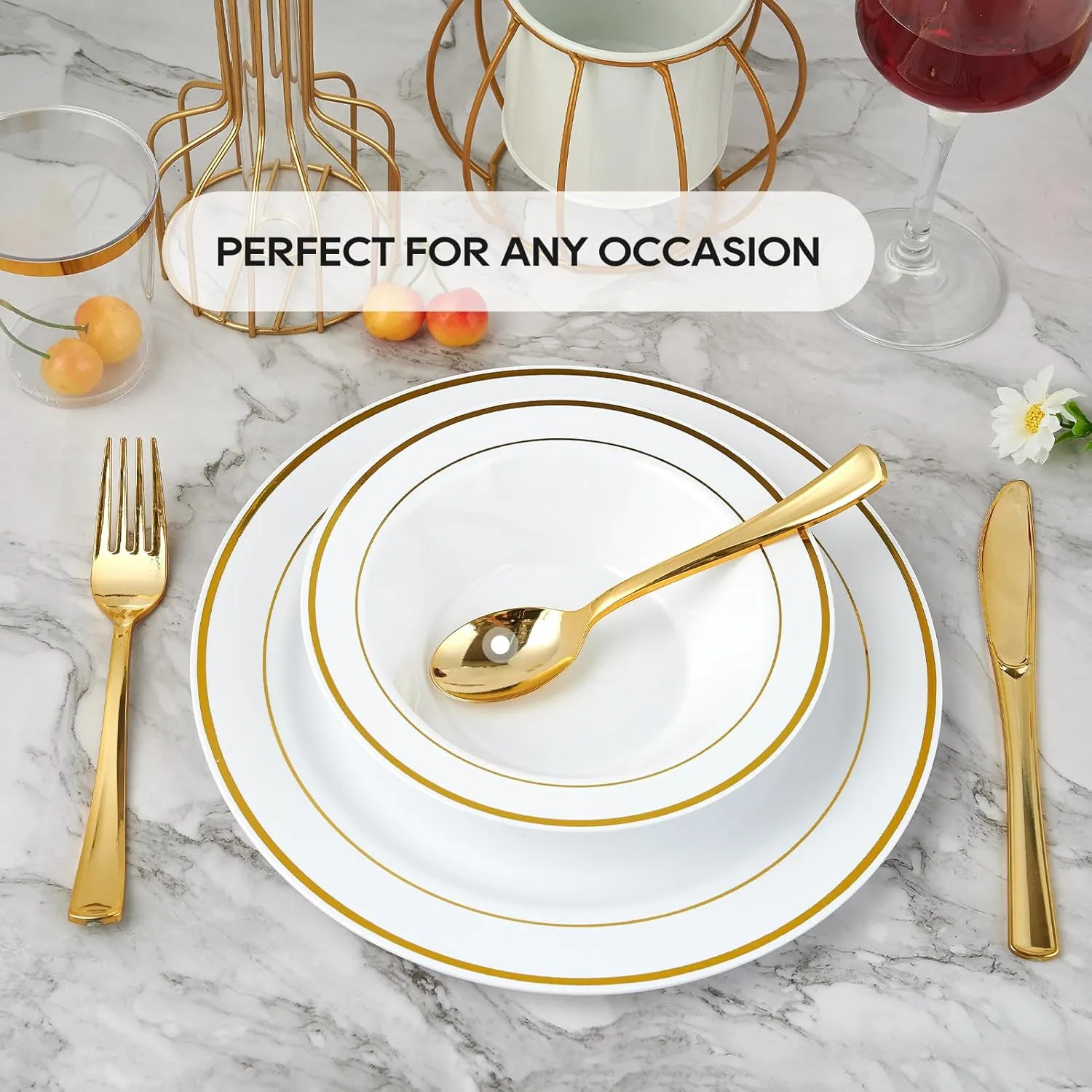 JOLLY PARTY 50PCS Plastic Bowls with Gold Rim-12oz disposable Soup Bowls, Christmas Thanksgiving Premium Dessert Salad Bowl for Wedding/Party