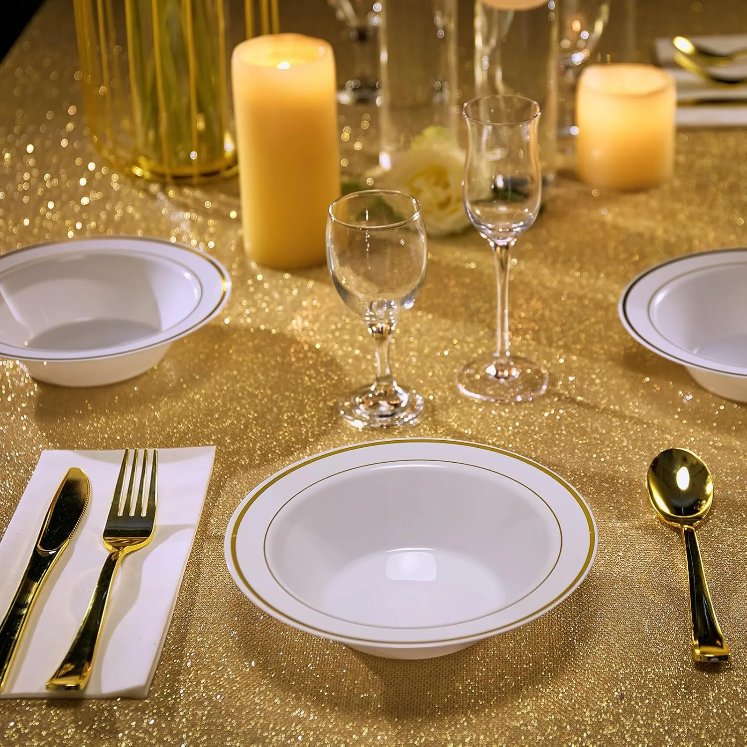 JOLLY PARTY 50PCS Plastic Bowls with Gold Rim-12oz disposable Soup Bowls, Christmas Thanksgiving Premium Dessert Salad Bowl for Wedding/Party