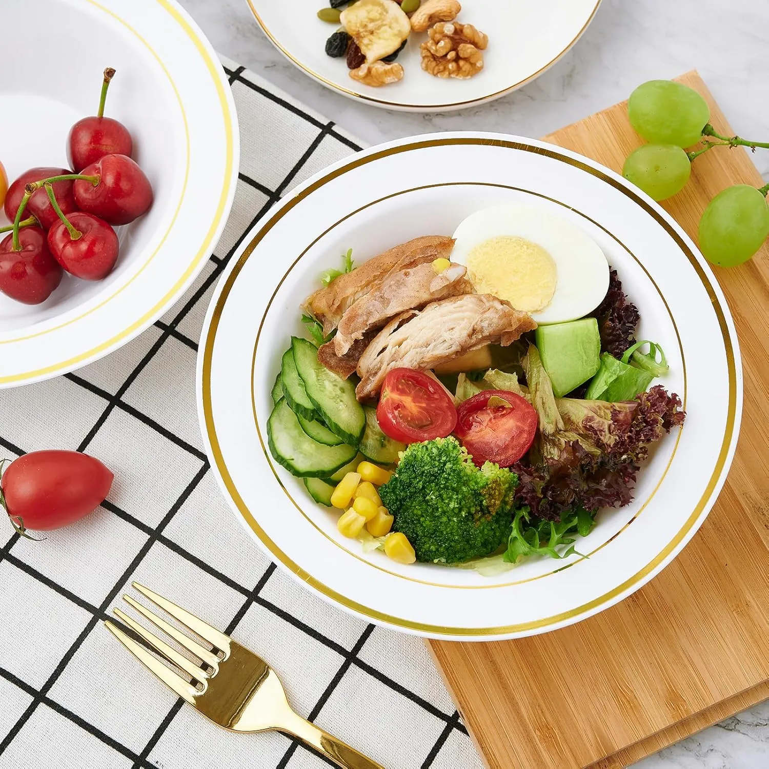 JOLLY PARTY 50PCS Plastic Bowls with Gold Rim-12oz disposable Soup Bowls, Christmas Thanksgiving Premium Dessert Salad Bowl for Wedding/Party